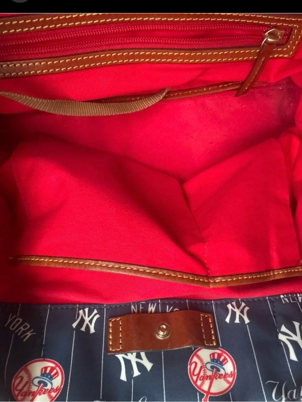 Dooney & Bourke New York Yankees Navy Tote Bag with Brown Leather Handles.